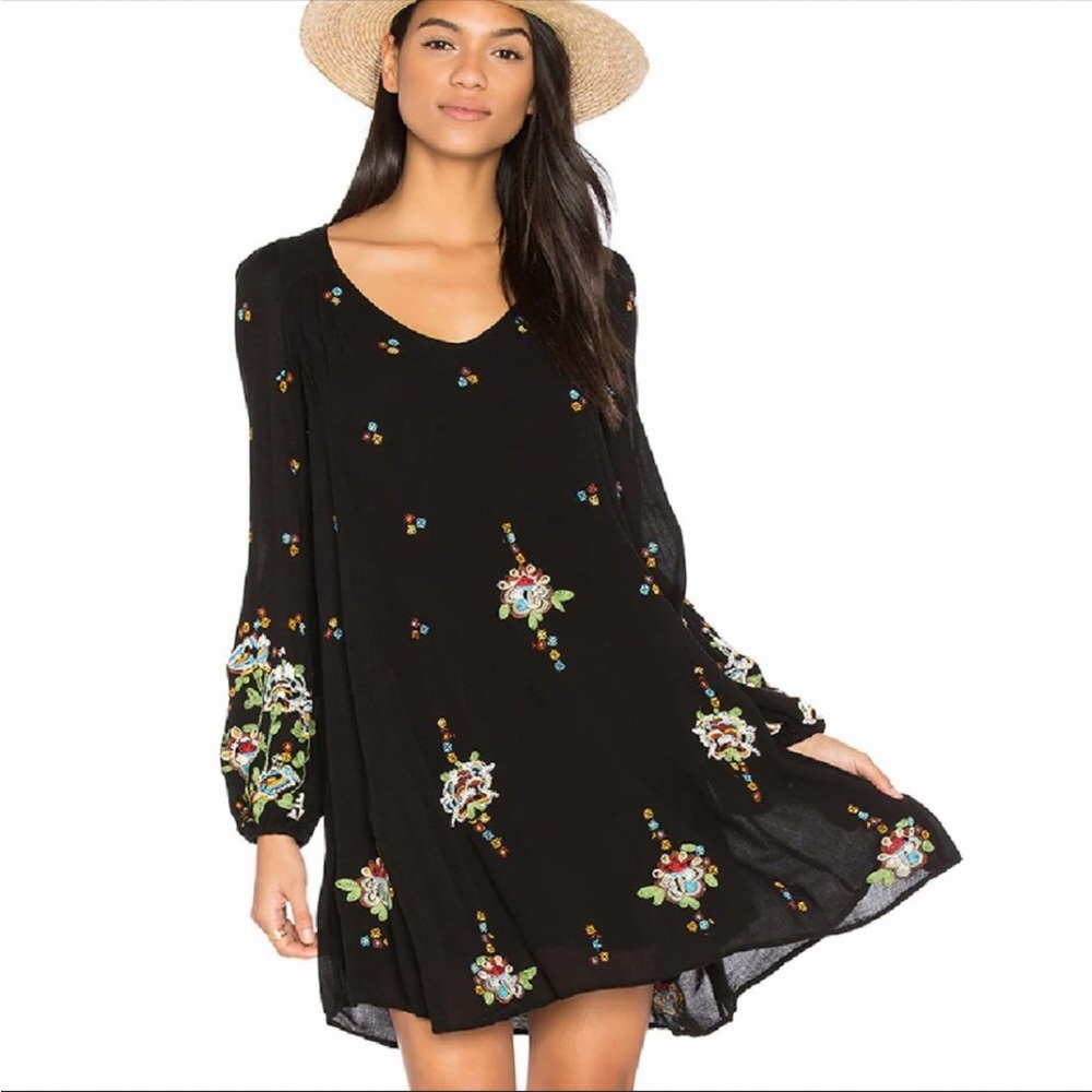 Free People Black Embroidered Long Sleeve Mini Dress Boho